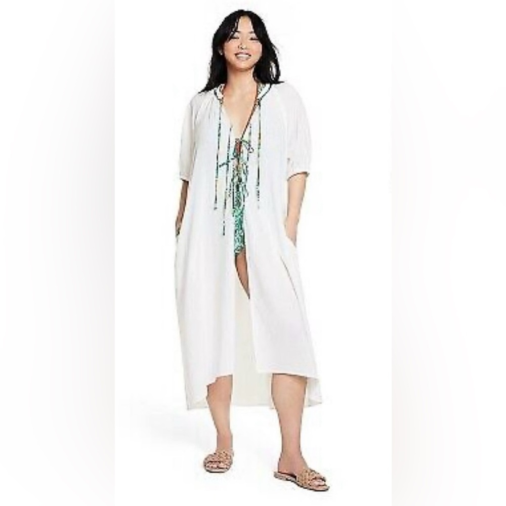 Rhode for Target White Green Floral Tie Front Puff Sleeve Cover-Up Dress, Sz XL